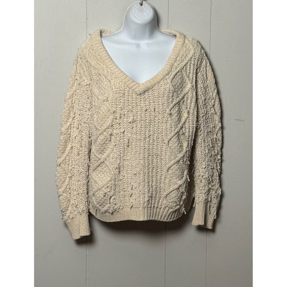 POL Cream Cable Knit Distressed V-Neck Sweater Ivory Boho Fringe Size Small